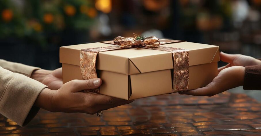 set of hands giving a present and a set of hands receiving the present